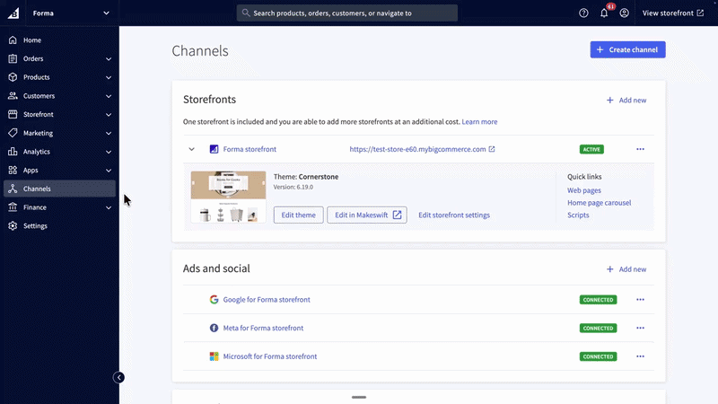 BigCommerce dashboard showing storefront, advertising and social sales channels