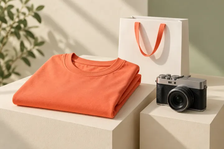 Illustrative ecommerce products: a coral T-shirt, camera and shopping bag
