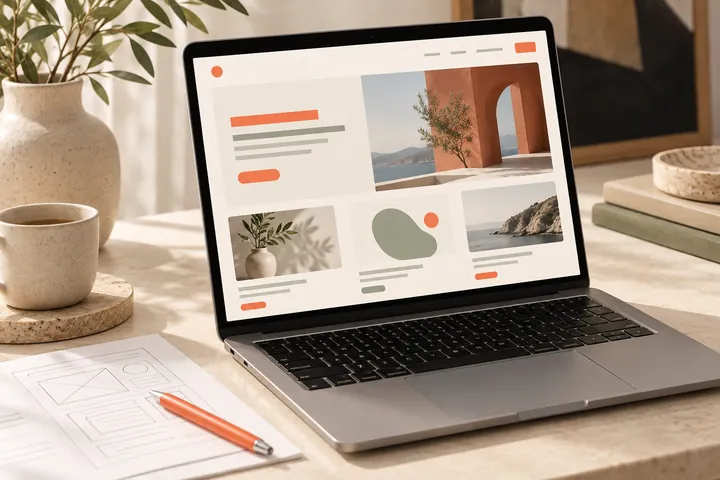 Illustrative web-design workspace with a laptop and paper wireframe