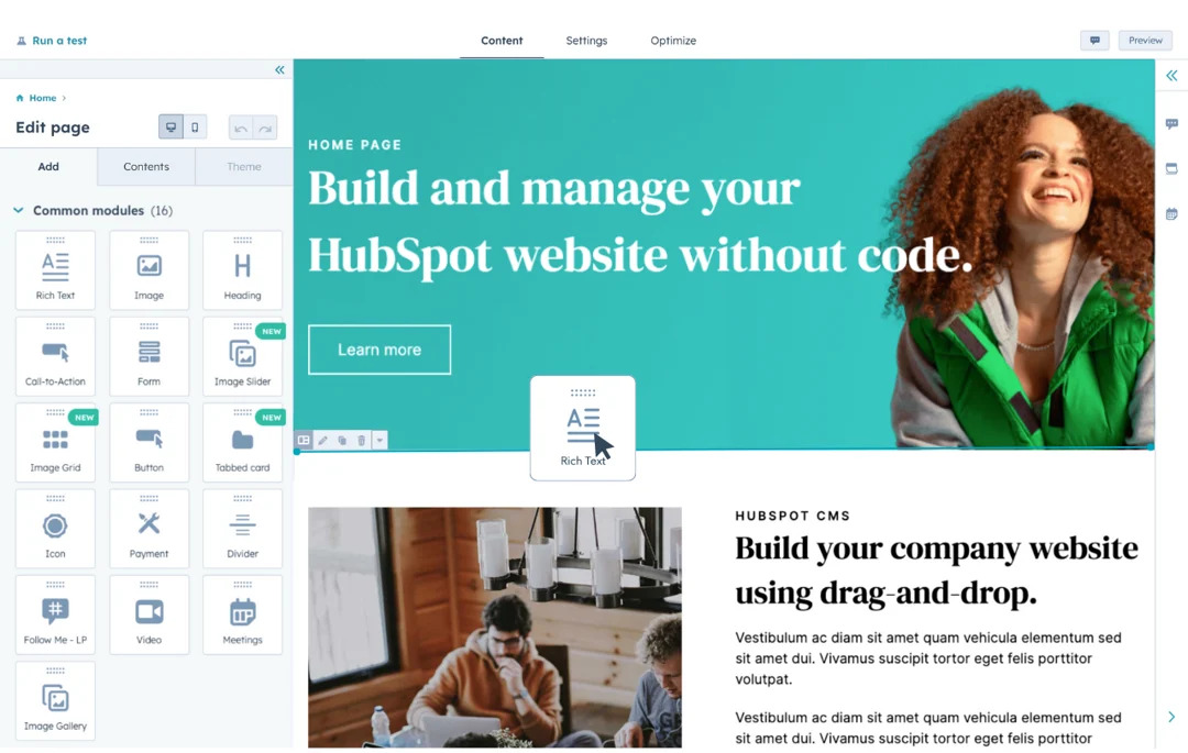 HubSpot CMS visual page editor with draggable content modules