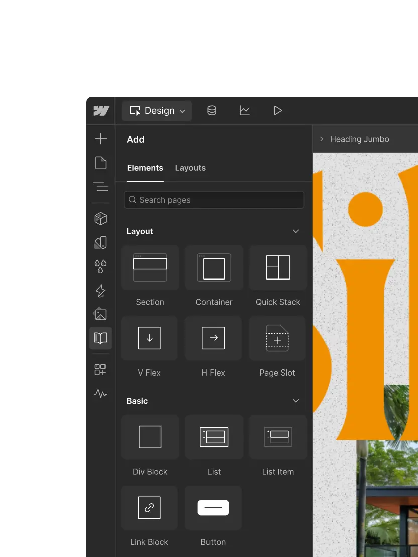 Webflow visual designer showing layout elements and a live website canvas