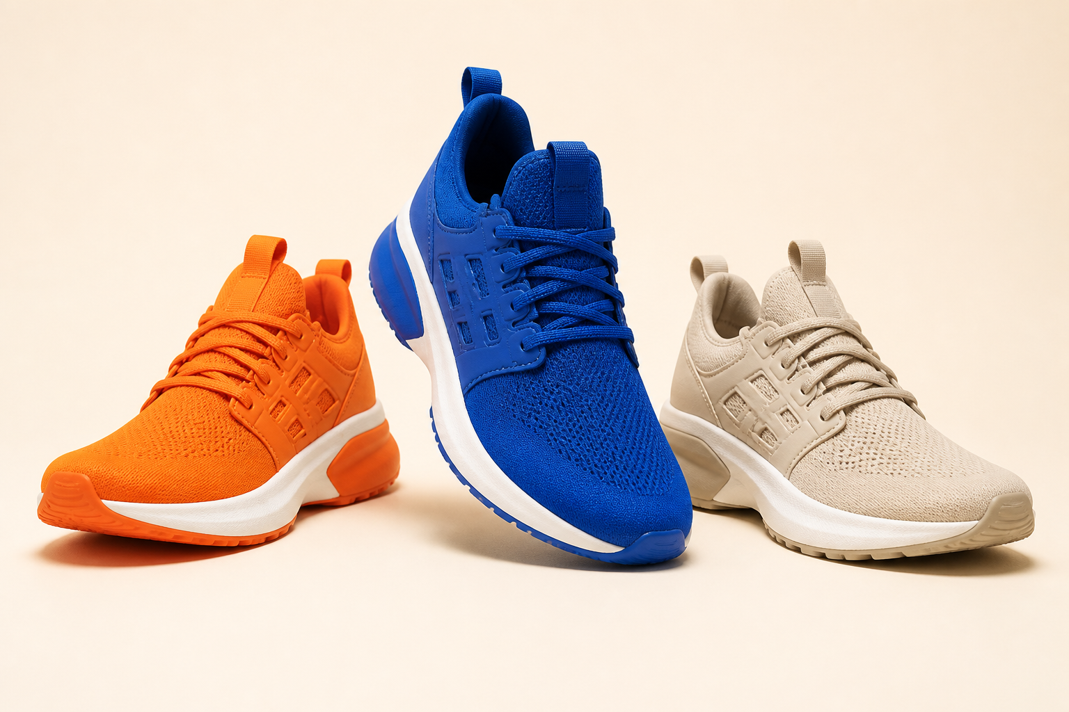 Orange, blue and beige sneakers in a premium ecommerce product display