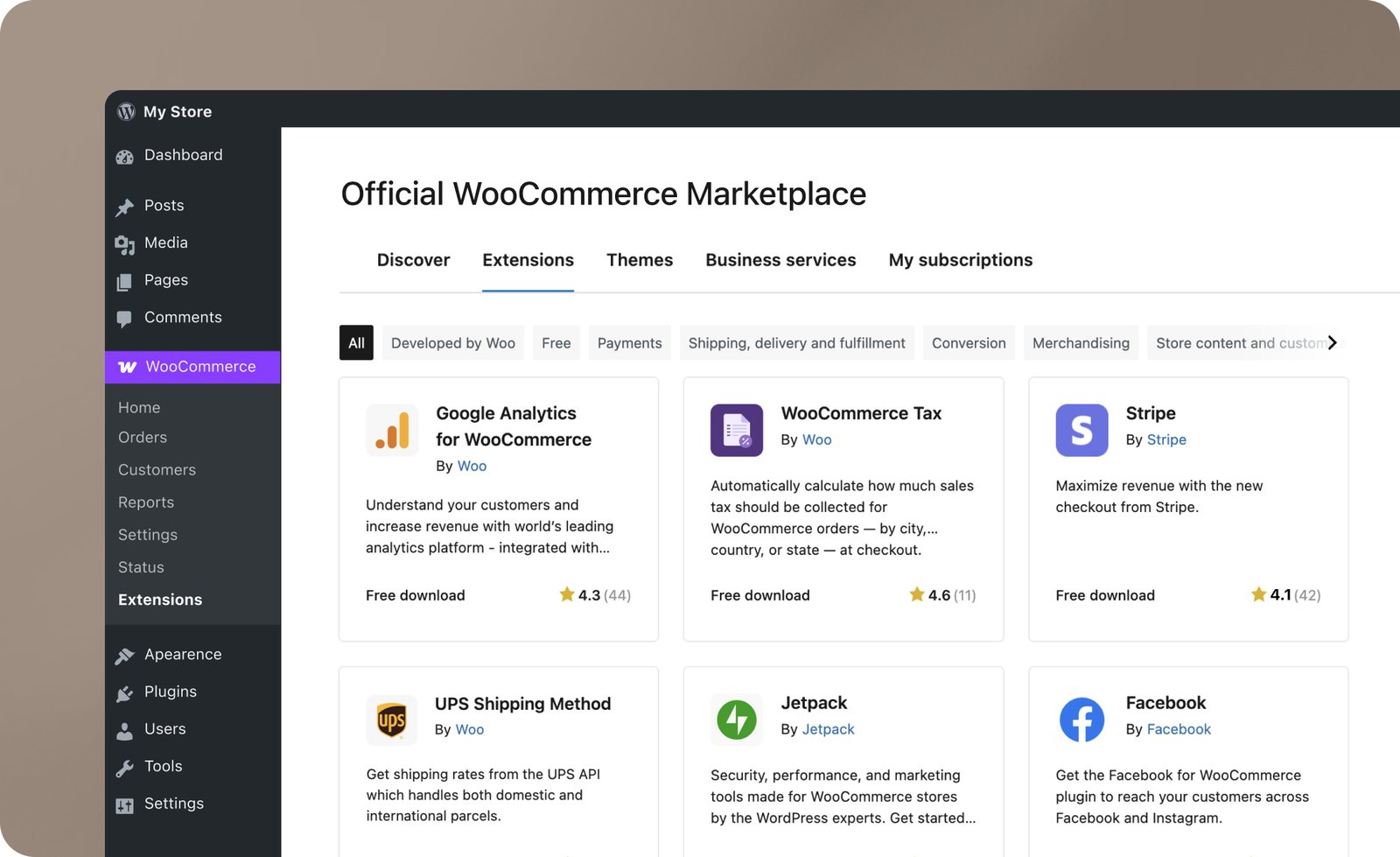 WooCommerce marketplace and store administration interface