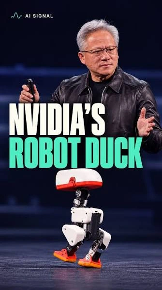 Supplied graphic labeled NVIDIA’s Robot Duck, with a presenter and bipedal droid