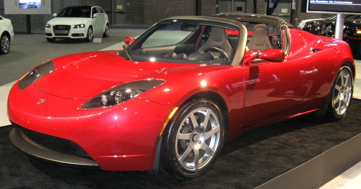 Red first-generation Tesla Roadster at the 2009 Washington DC Auto Show